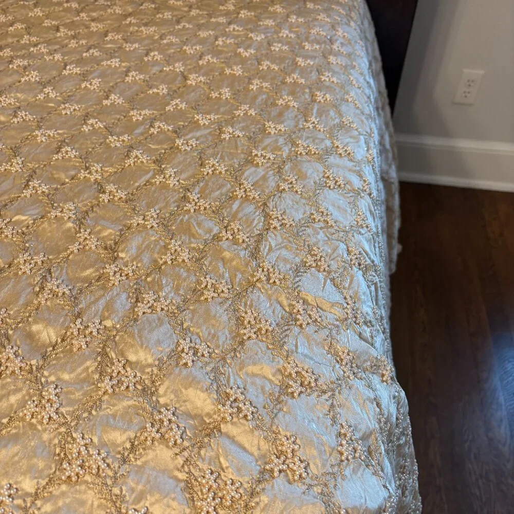 Bespoke Epidemy of Luxury Gold Silk, Pearl Beading King Bedspread Silk Lining